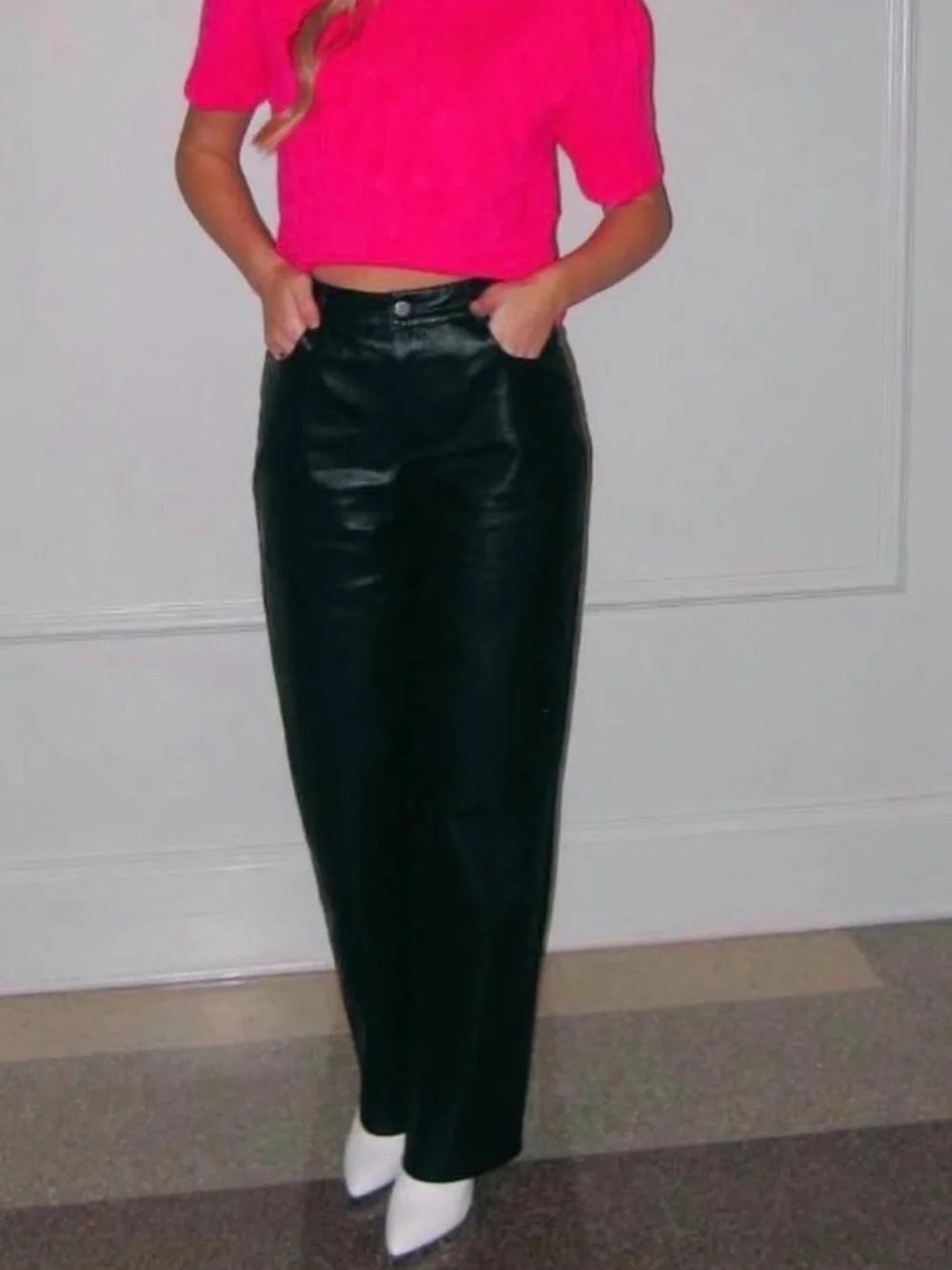 Women's Black Faux Leather Straight-Leg Pants